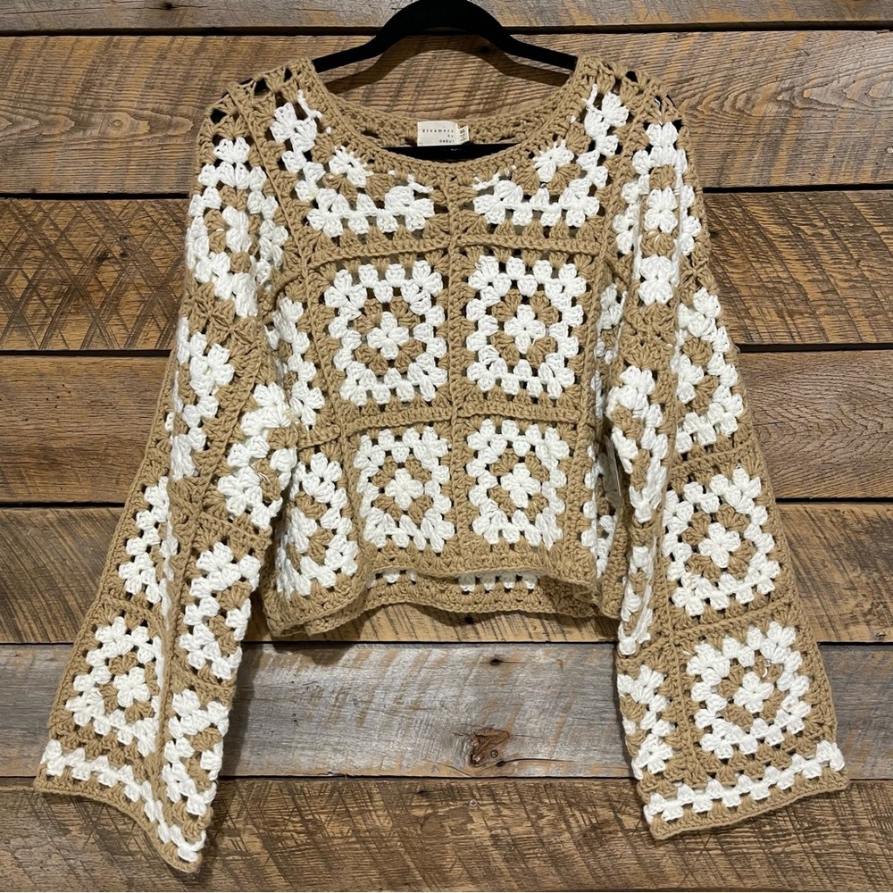 Dreamers by Debut Sweater Medium Large Cream Tan Crochet Granny Square Boho - Picture 1 of 10